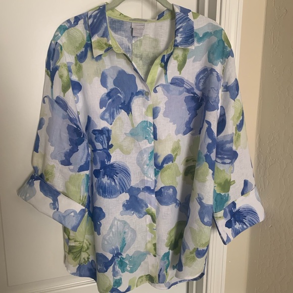 Chicos Size 3 Blouse With Watercolor Print of Blue/Green/White Irises 3/4 Sleeve - Picture 3 of 8